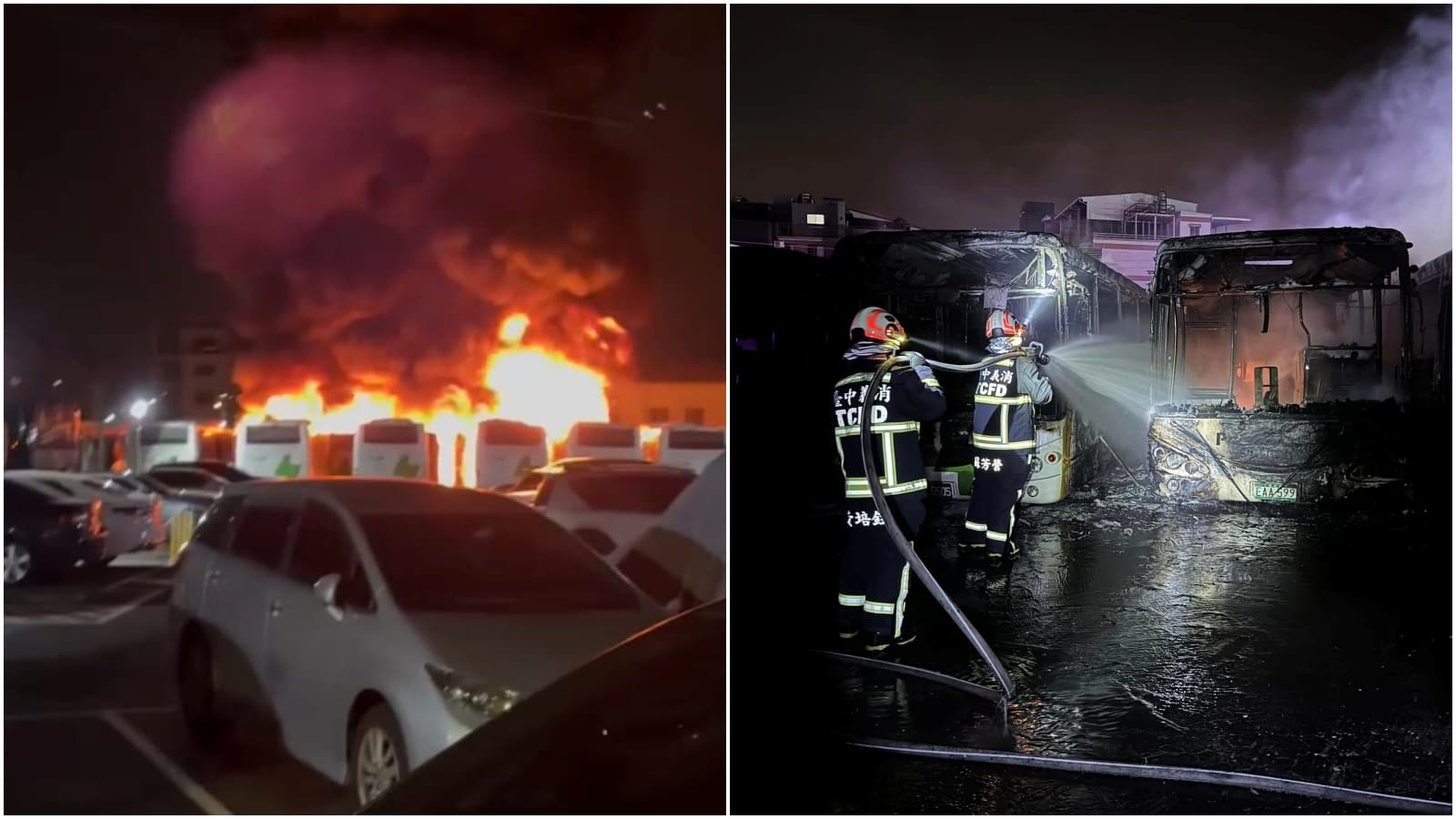 台中電動巴士起火延燒，車身被燒成焦黑。（翻攝記者爆料網、臉書）