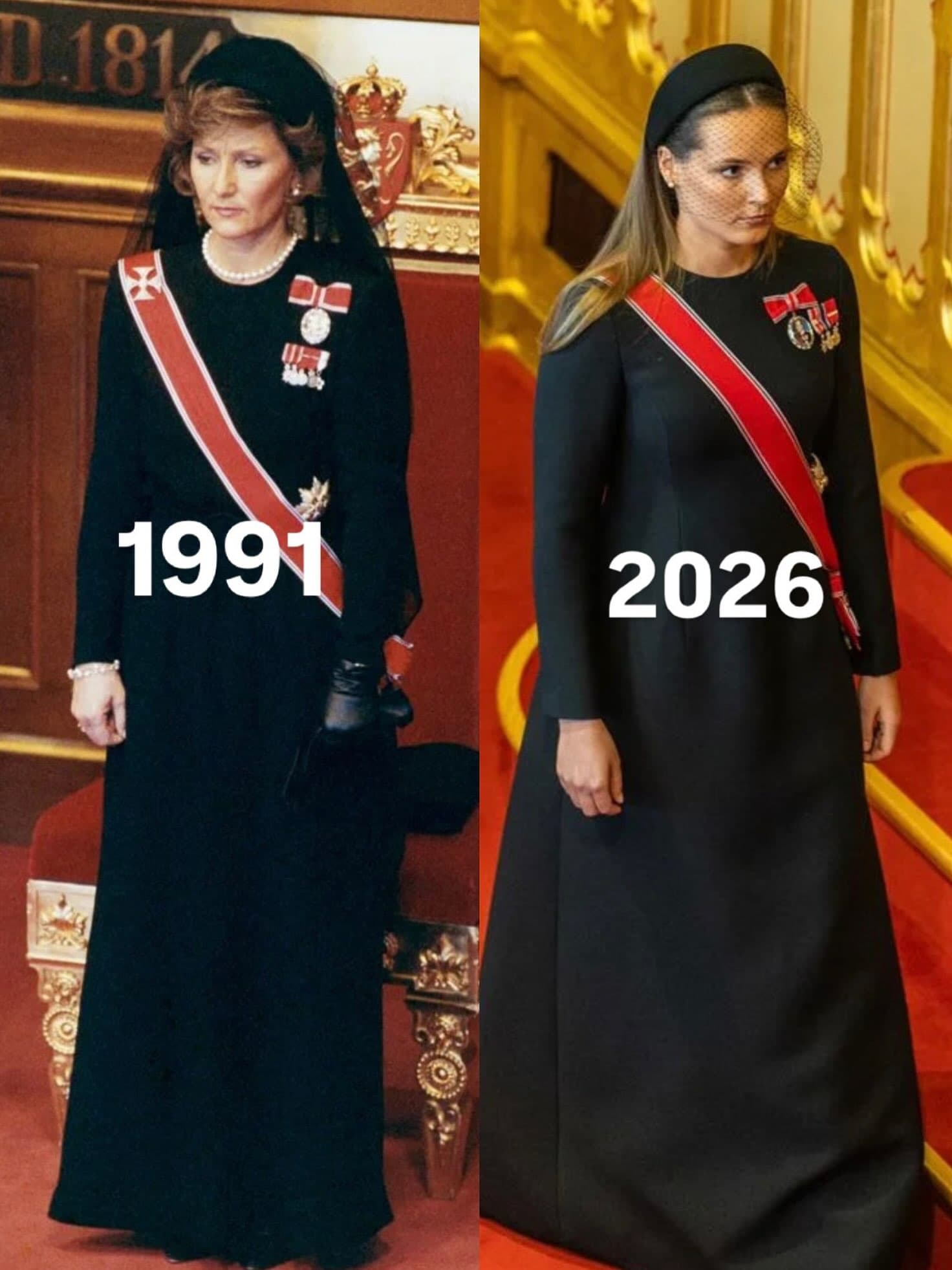 英格麗德(右)出席父親哈康八世宣誓儀式,一襲黑色長裙搭配頭飾及網紗,神似祖母宋雅王太后(左)1991年的造型。(翻攝theprincessesroyals IG)