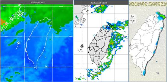今晨5時紅外線色調強化雲圖顯示,北部海面、東半部雲層厚較多(左圖)。5時10分雷達回波合成圖顯示,大台北、東半部有降水回波(中圖)。5時累積雨量圖顯示,北海岸、東半部有局部降雨(右圖)。(翻攝自氣象應用推廣基金會)
