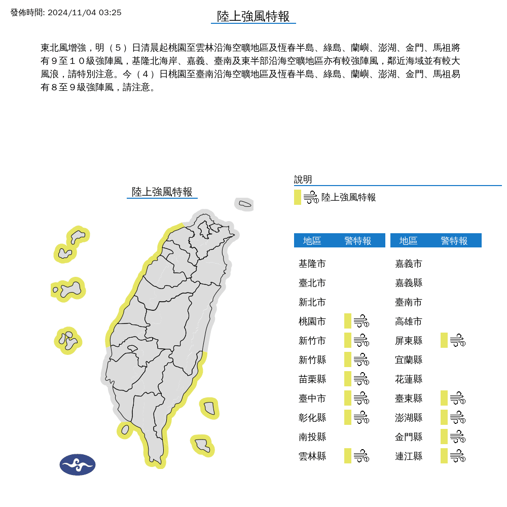 受東北風增強影響,氣象署針對12縣市發布了陸上強風特報。(中央氣象署提供)