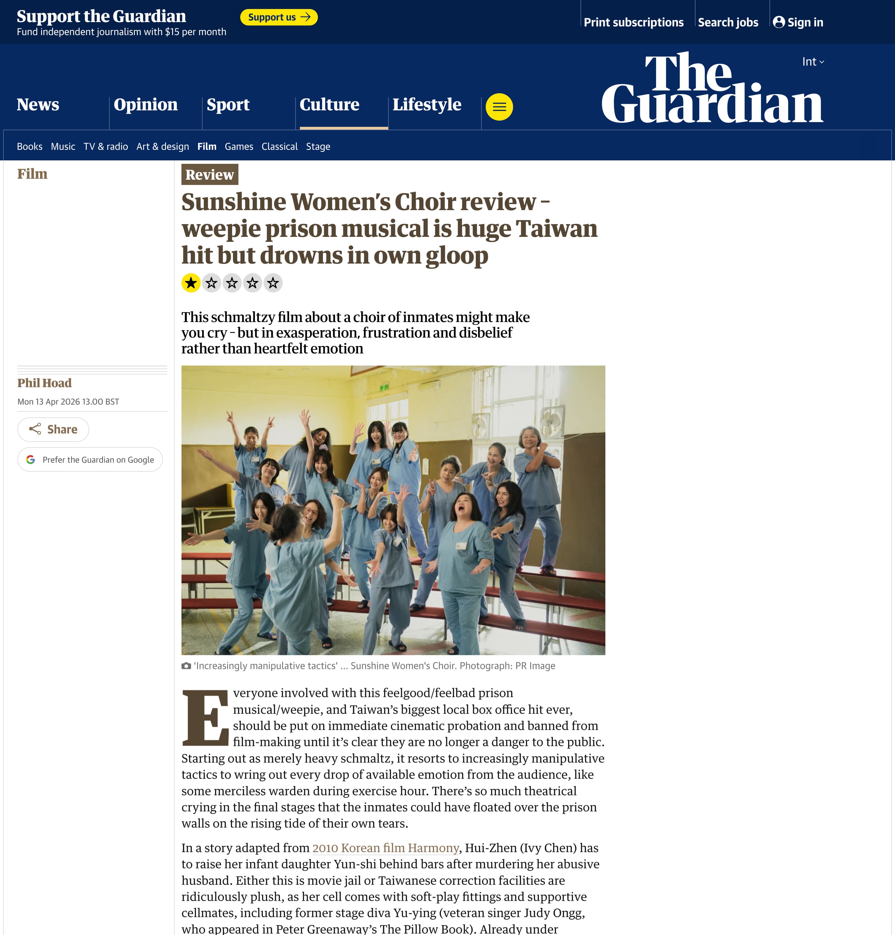 《衛報》影評只給《陽光女子合唱團》1顆星評價。(翻攝theguardian)