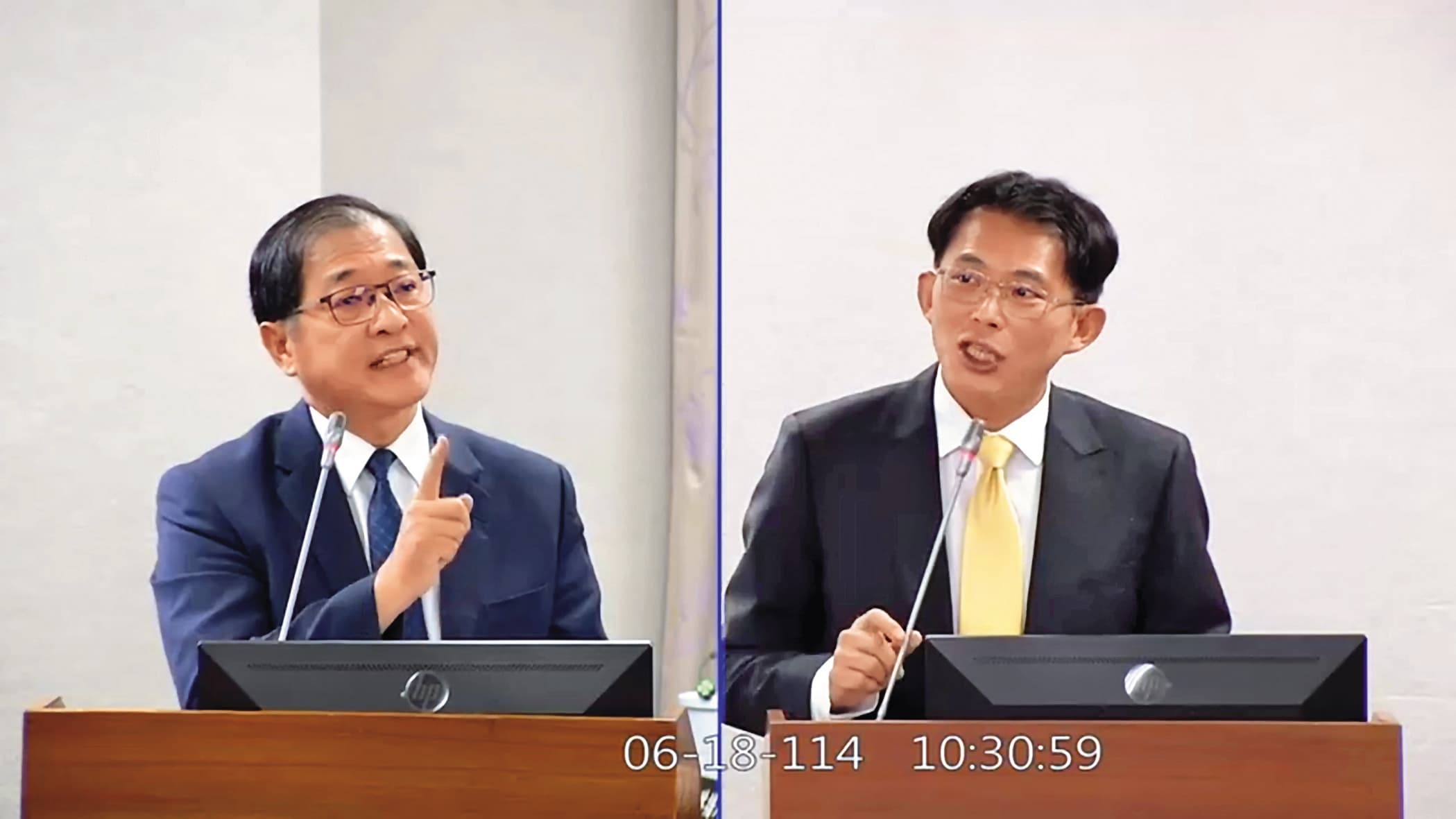 黃國昌(右)質詢法務部長鄭銘謙(左)臺雅集團遭詐案,凱思國際事後收到臺雅少東匯入200萬元,恐成貪汙對價。(翻攝畫面)