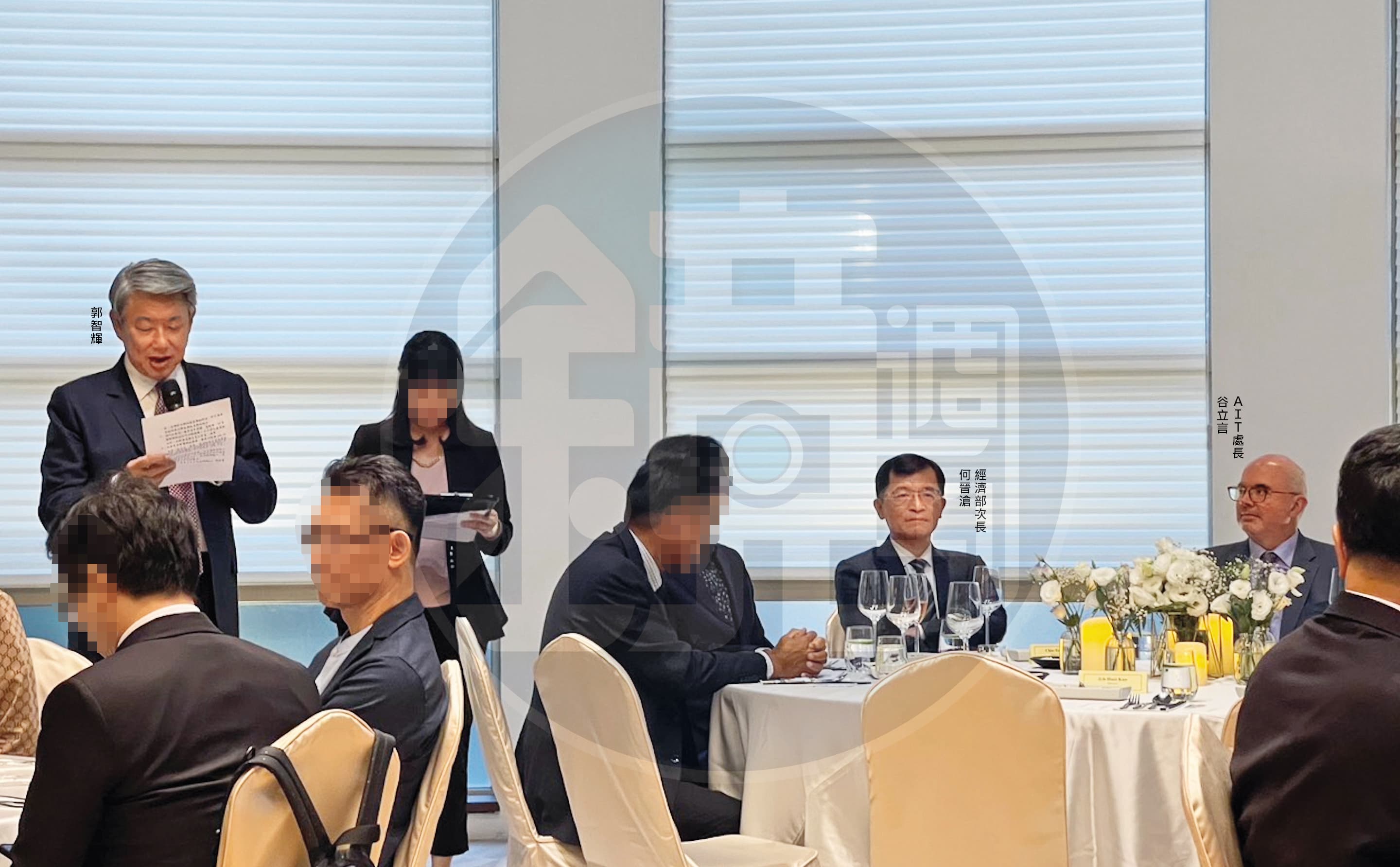 郭智輝4月28日以經濟部名義密宴AIT並在席間致詞,地點就挑在妻兒持股、崇越集團所屬的MD餐廳,挨批公私不分、涉圖利。(讀者提供)