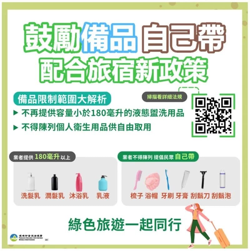 今年元旦新制上路，飯店業者不再主動提供一次性備品。（環境部提供）
