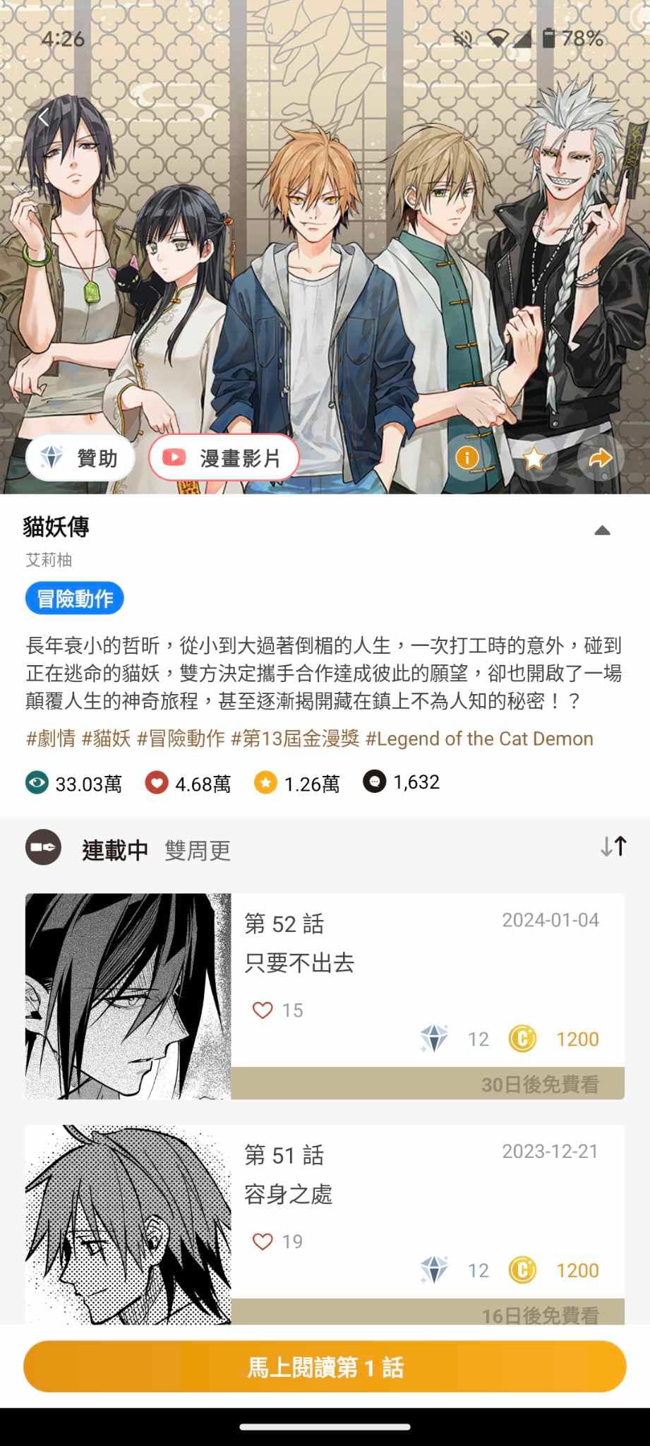 《貓妖傳》在《CCC創作集》數位平台連載,累積逾33萬點閱。(翻攝自CCC追漫台)