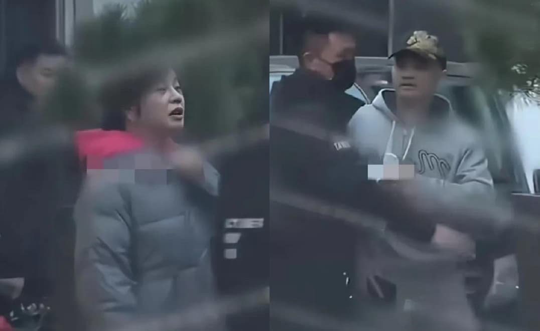 狗仔曝光劉曉慶遭前男友上前討分手費的衝突畫面,一群黑衣人上前拉住前男友護駕。(翻攝微博)