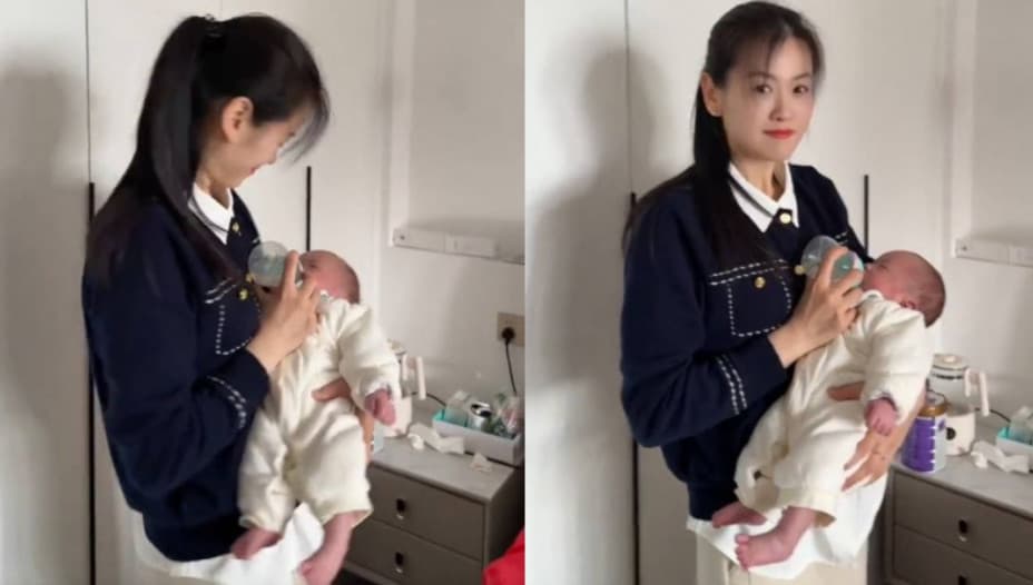 39歲的年輕奶奶幫忙媳婦帶小孩,溫柔餵孫子喝奶。(翻攝抖音)