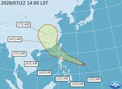 熱帶性低氣壓TD13今日14時的中心位置在北緯14.2度、東經132.6度,以每小時26公里速度。(翻攝自中央氣象署官網)