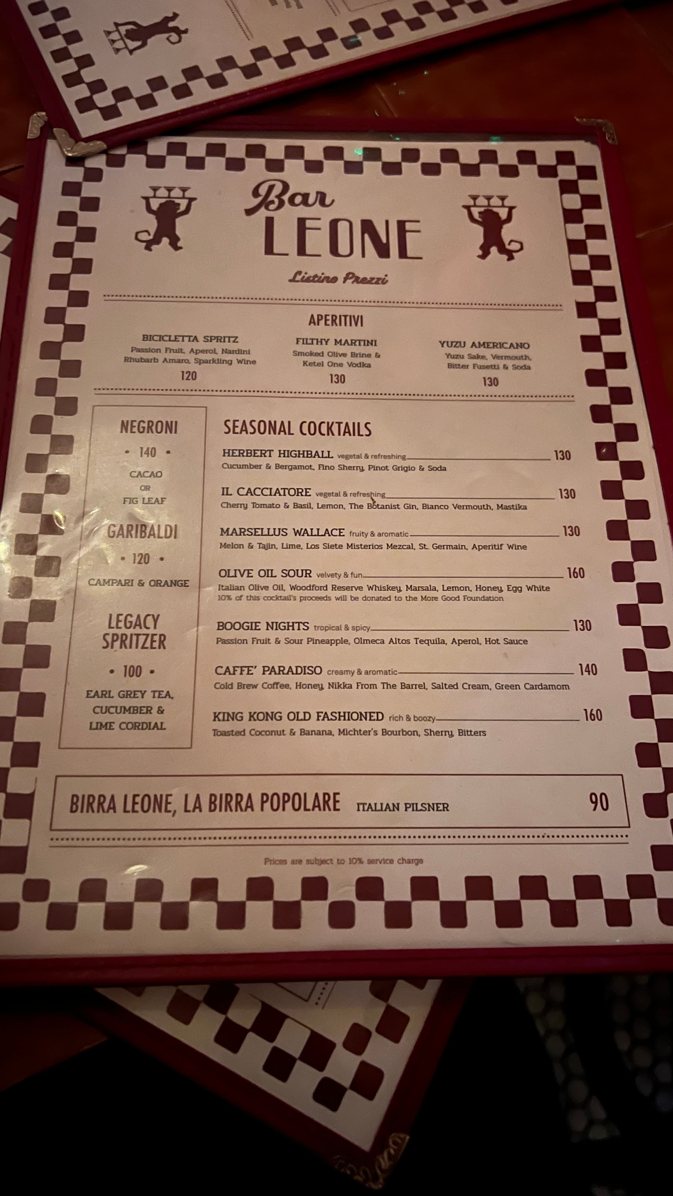 Bar Leone的酒單非常簡單,只有一頁。