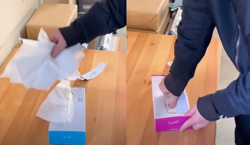 打開包裝之前,可以用手指在開口處來回按壓,或者將衛生紙輕輕往下推,就能順利抽取衛生紙。(翻攝浜田紙業YT影片)