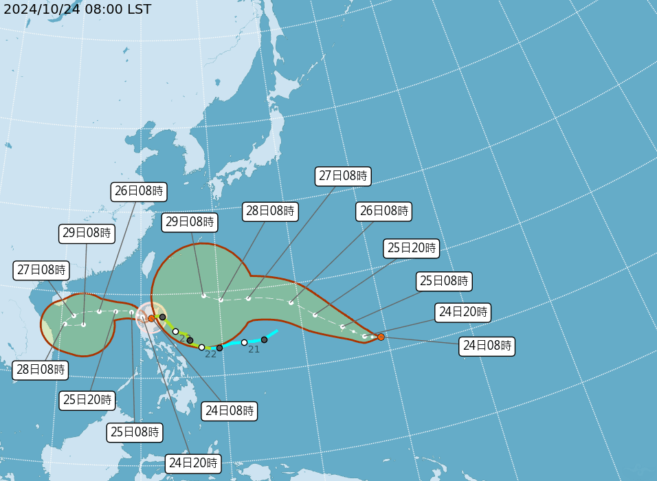 目前太平洋海面上除了輕颱潭美外,還有「熱帶性低氣壓TD25」。(中央氣象署提供)