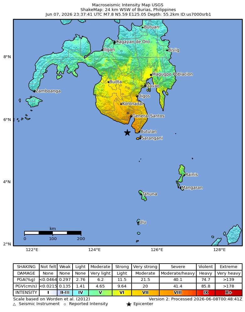 菲律賓南部棉蘭老島外海8日發生規模7.8強震,震央位於薩蘭加尼省外海,USGS發布震度分布圖,顯示震央周邊地區感受強烈搖晃。