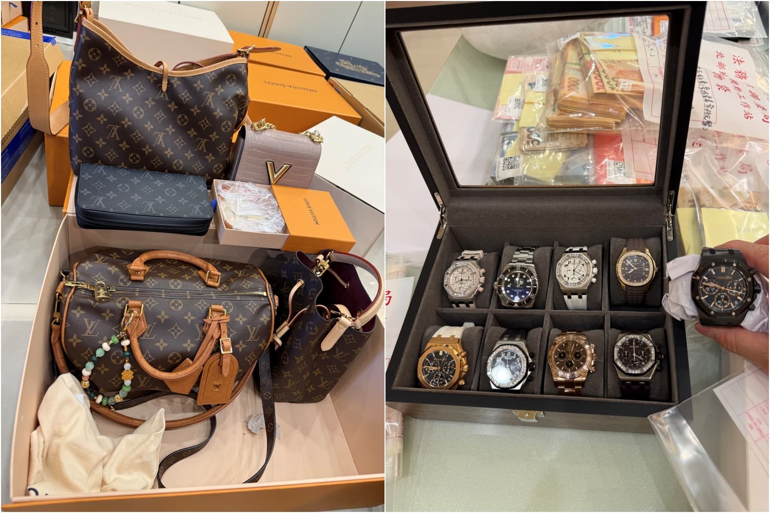 現場查扣愛馬仕、LV、香奈兒名牌包數十個,以及愛彼、百達翡麗等名錶,價值達上千萬元。(調查局提供)