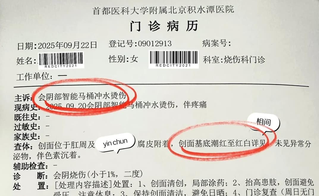 中國一名女子因使用免治馬桶而遭燙燒私密處。(翻攝網路)