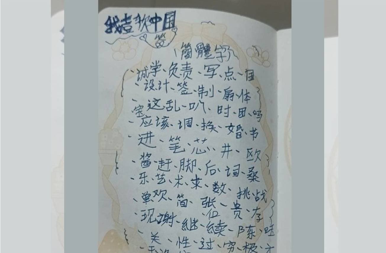 這位父親見女兒在練習本上以簡體字寫「我喜歡中國」差點暈倒。(翻攝,爆廢公社二館)