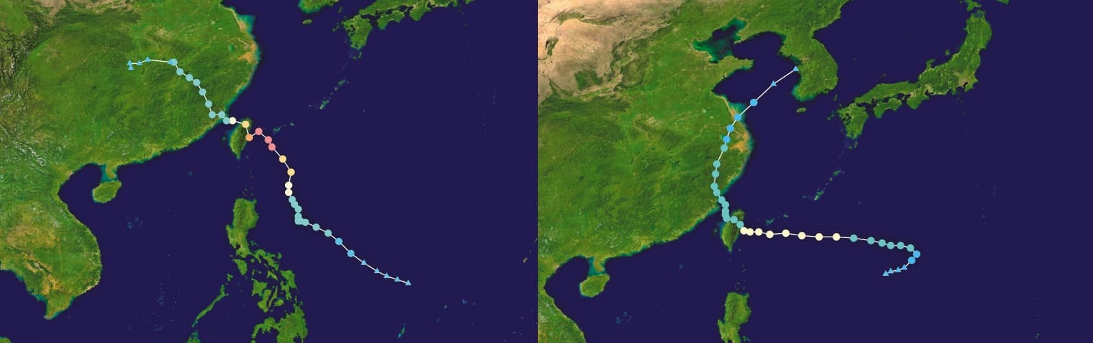 凱米颱風(左)路徑與降雨情況,和2009年的莫拉克(右)颱風有些許相似處。(翻攝維基百科)