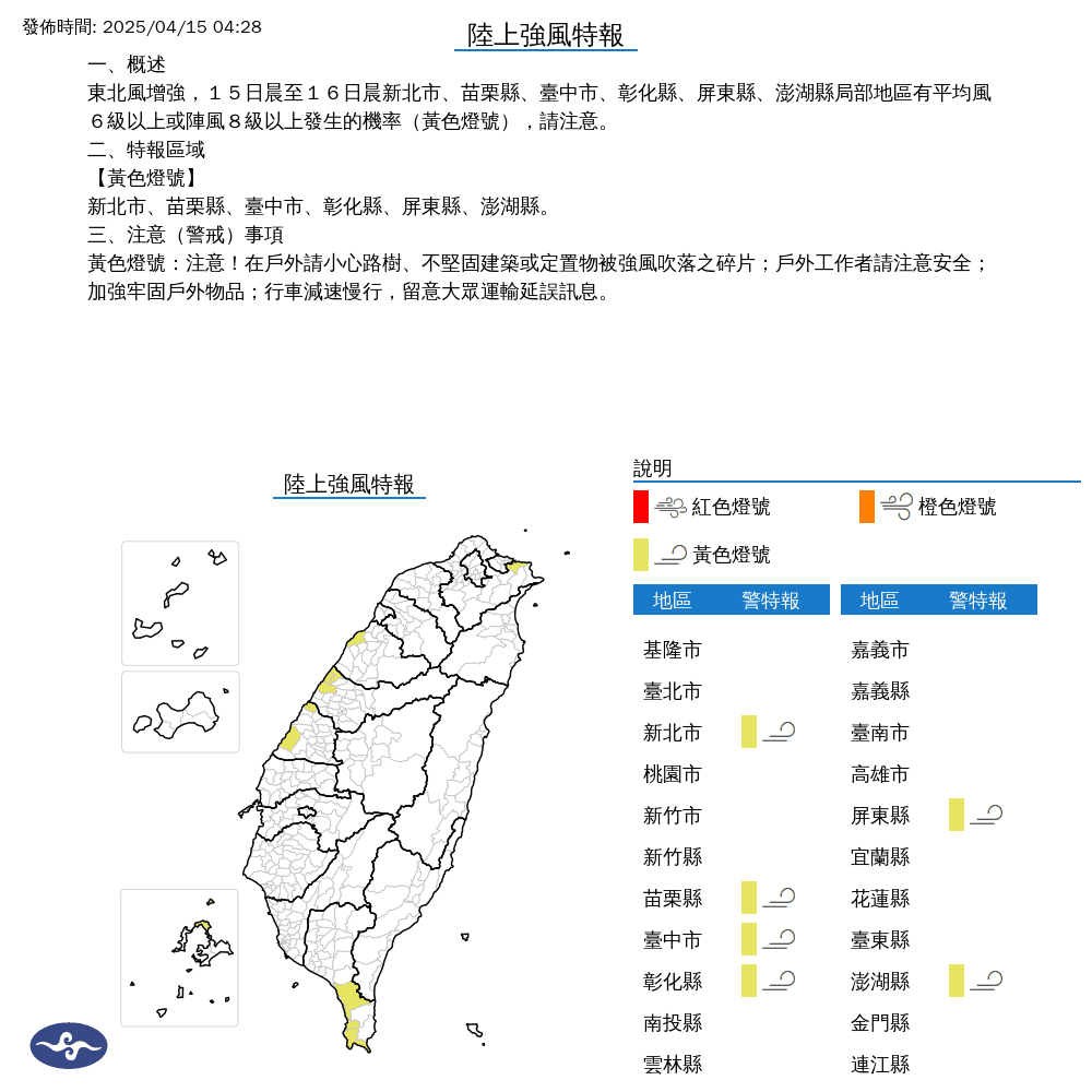 氣象署針對新北、苗栗、台中、彰化、屏東及澎湖部分地區發布陸上強風特報。(中央氣象署提供)