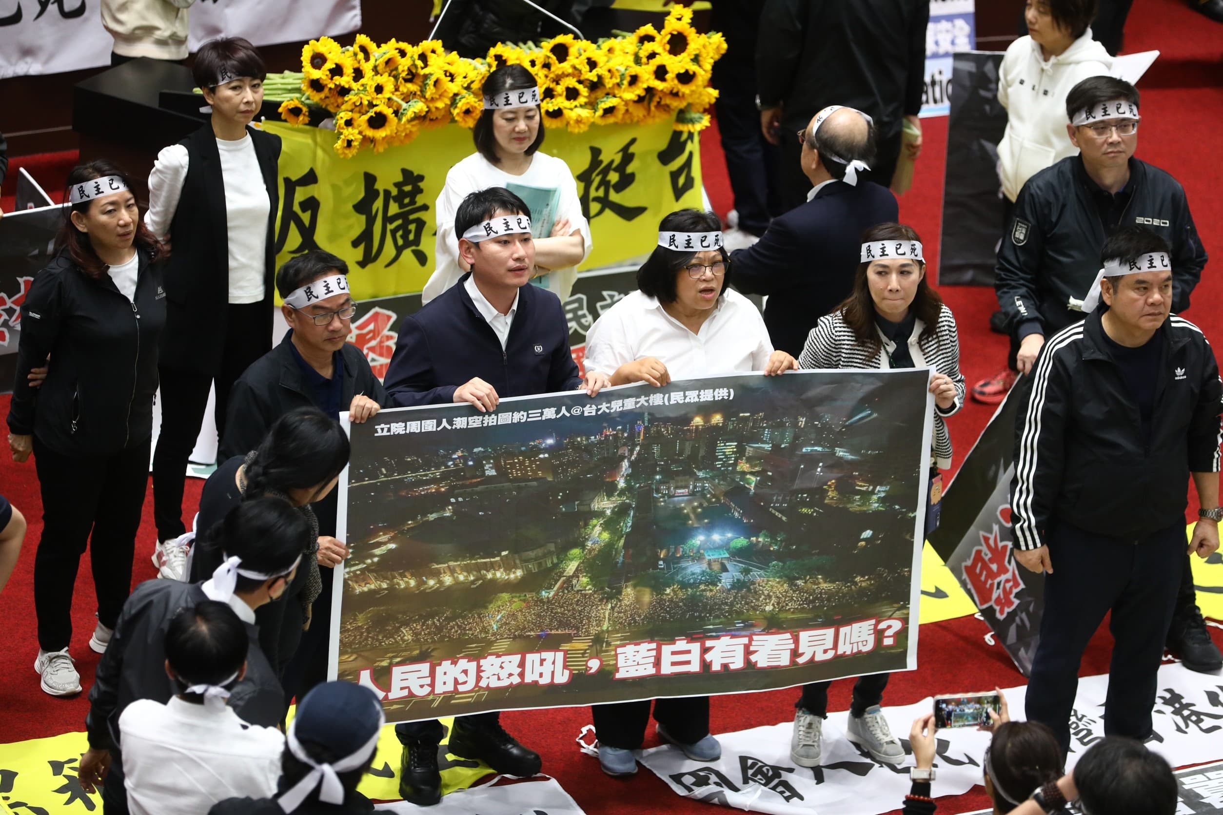 立法院內，民進黨立委們也舉起了場外人潮的海報。