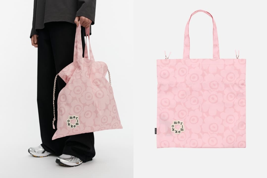 Marimekko Onni包款系列。蜜桃粉Unikko印花抽繩束口肩揹托特包NT$3,990(俊思提供)
