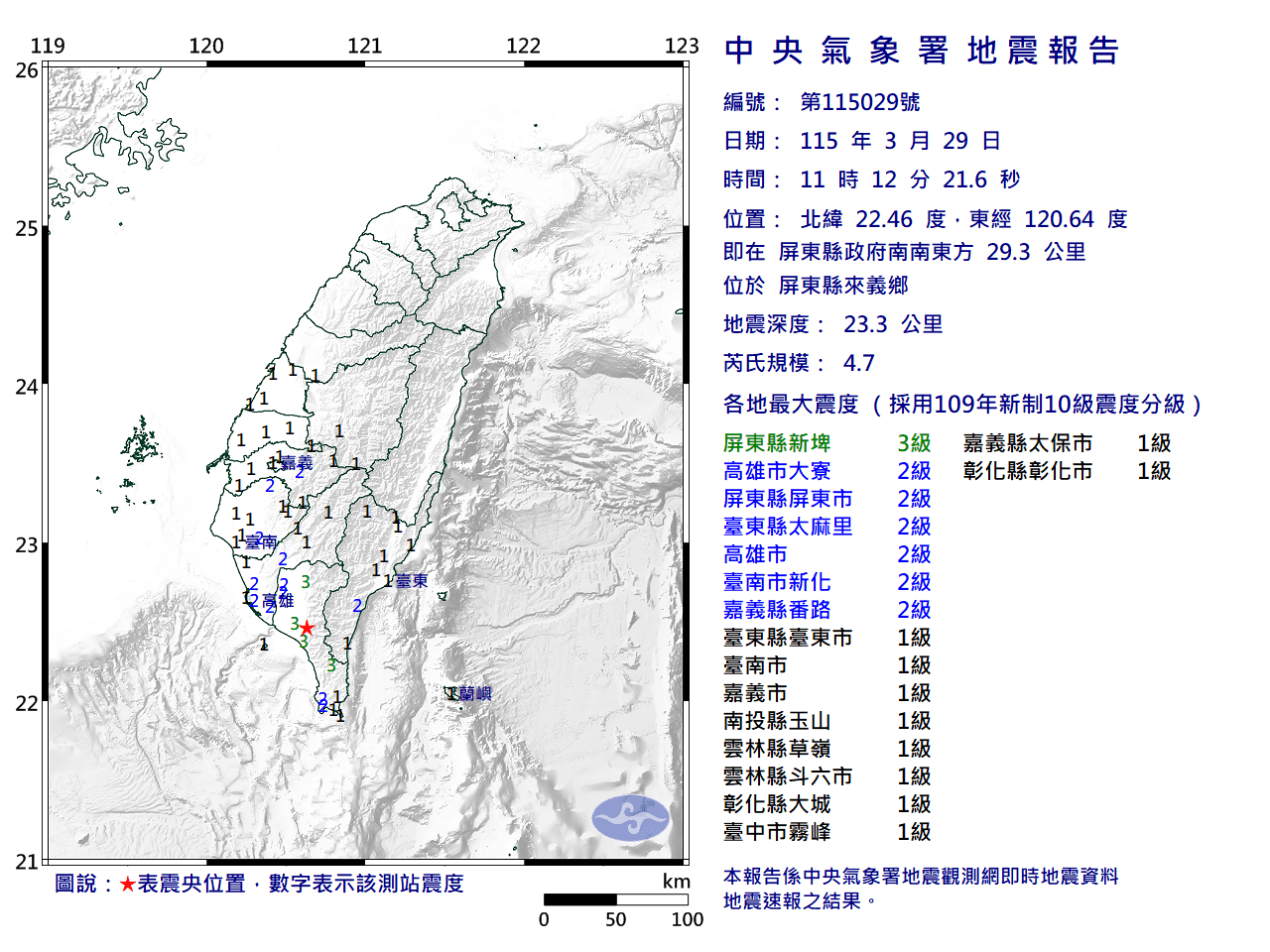 今（29日）上午11時12分，屏東縣來義鄉發生芮氏規模4.7地震，深度23.3公里。（氣象署提供）
