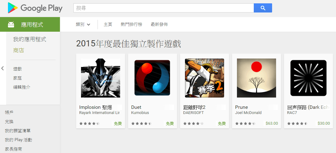 2015年Google Play所選出之最佳獨立製作遊戲,可看到當前獨立遊戲儼然已成為分類標籤之一