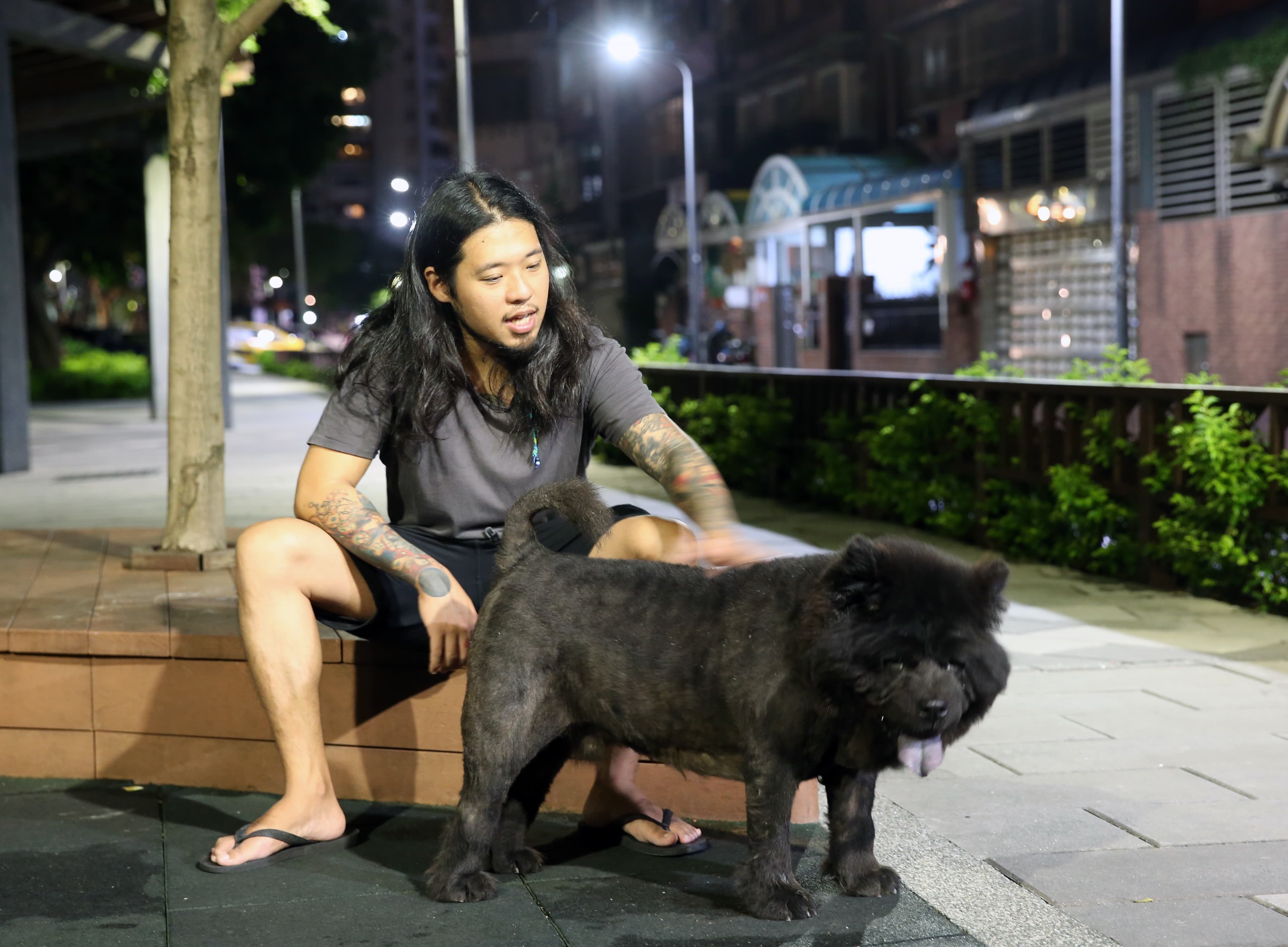 林修文養的鬆獅犬不讓別人輕易觸摸牠，唯獨和林修文才有親密的互動。