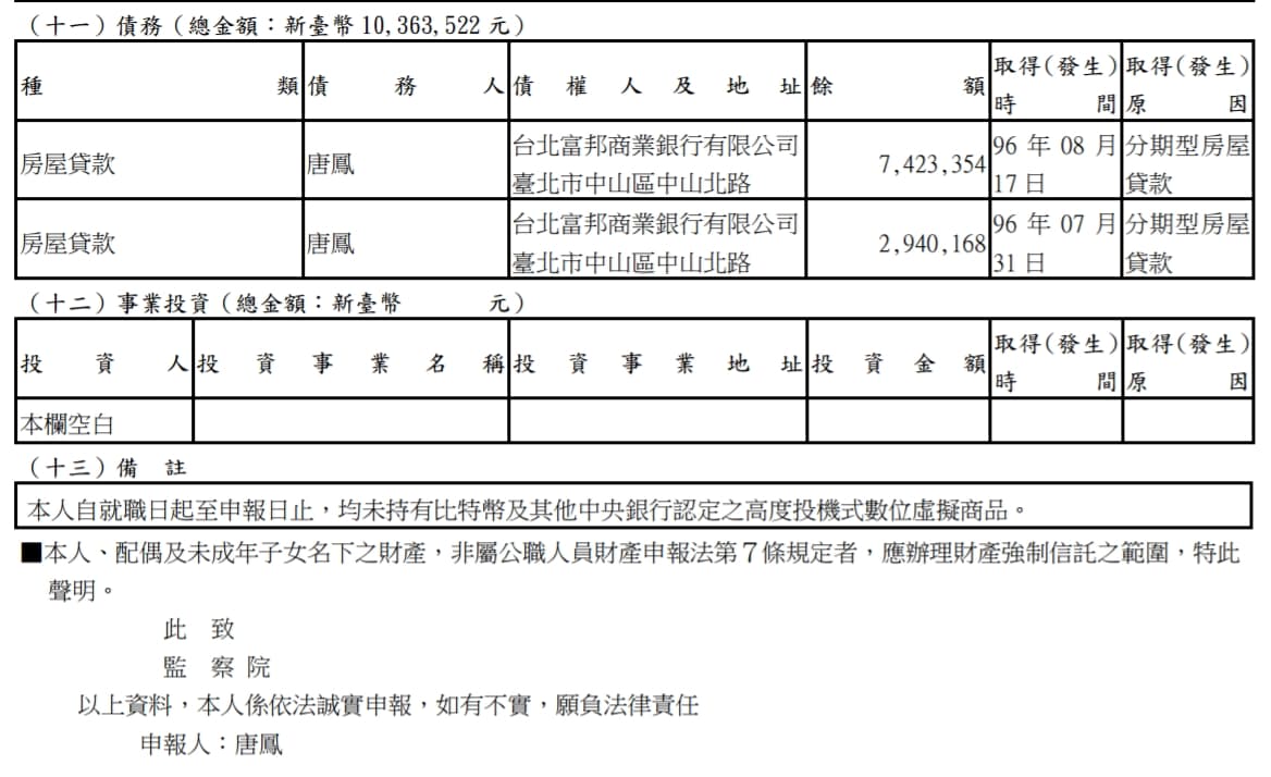 唐鳳首次財產申報資料。