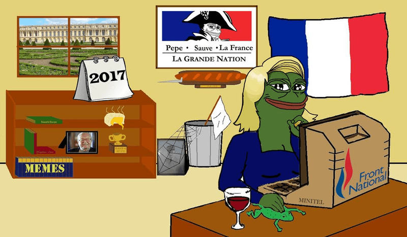青蛙哥Pepe(Pepe the Frog)是支持川普的美國「另類右派」在社群媒體傳播川普主張、嘲諷對手常用的梗圖,如今似乎也跨過大西洋為勒朋助陣。圖為青蛙姊勒朋(Pepe Le Pen)(圖片截取自Reddit網頁)