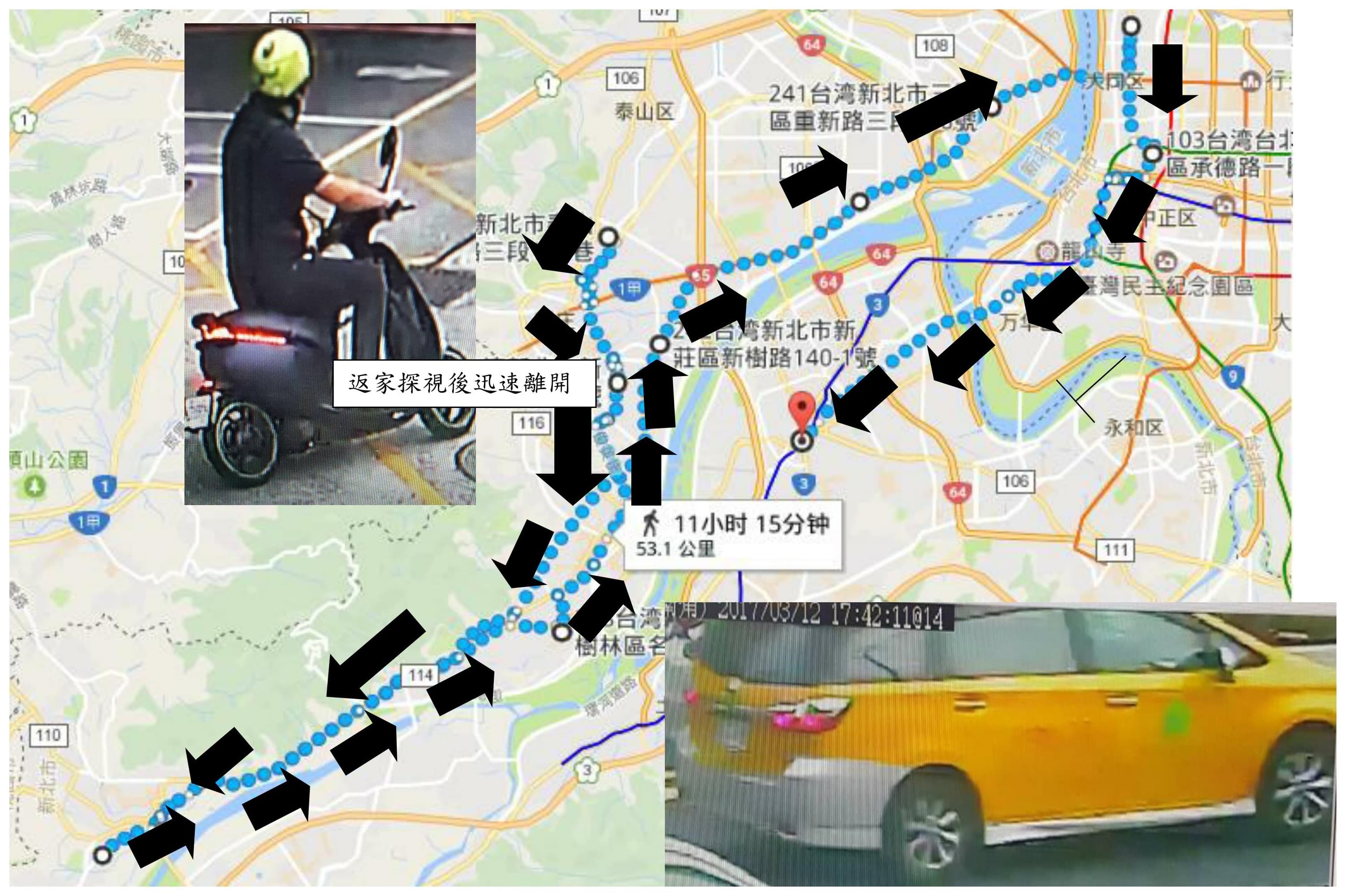 徐嫌在新北市的逃亡路線圖,意圖讓警方掌握不到行蹤。