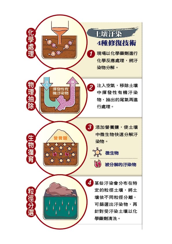 土污修復技術大致分為四種,「化學處理」「物理抽除」「生物復育」「粒徑分選」。
