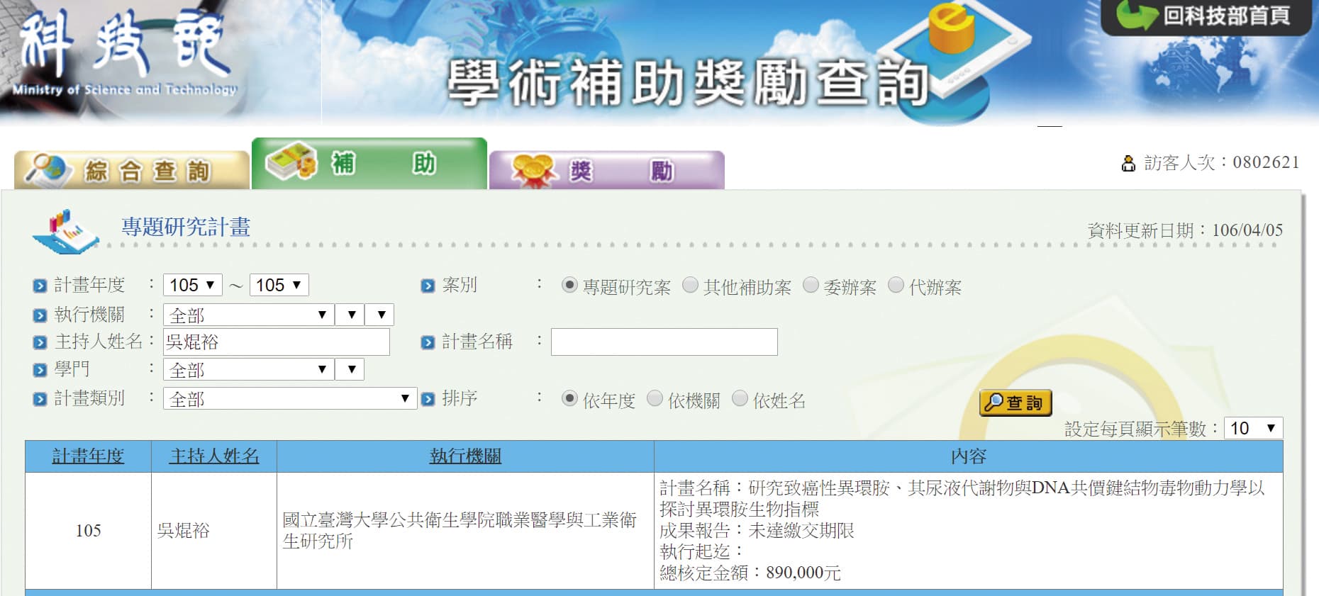 吳焜裕就任立委後,繼續領科技部補助進行研究案。(翻攝自科技部網站)