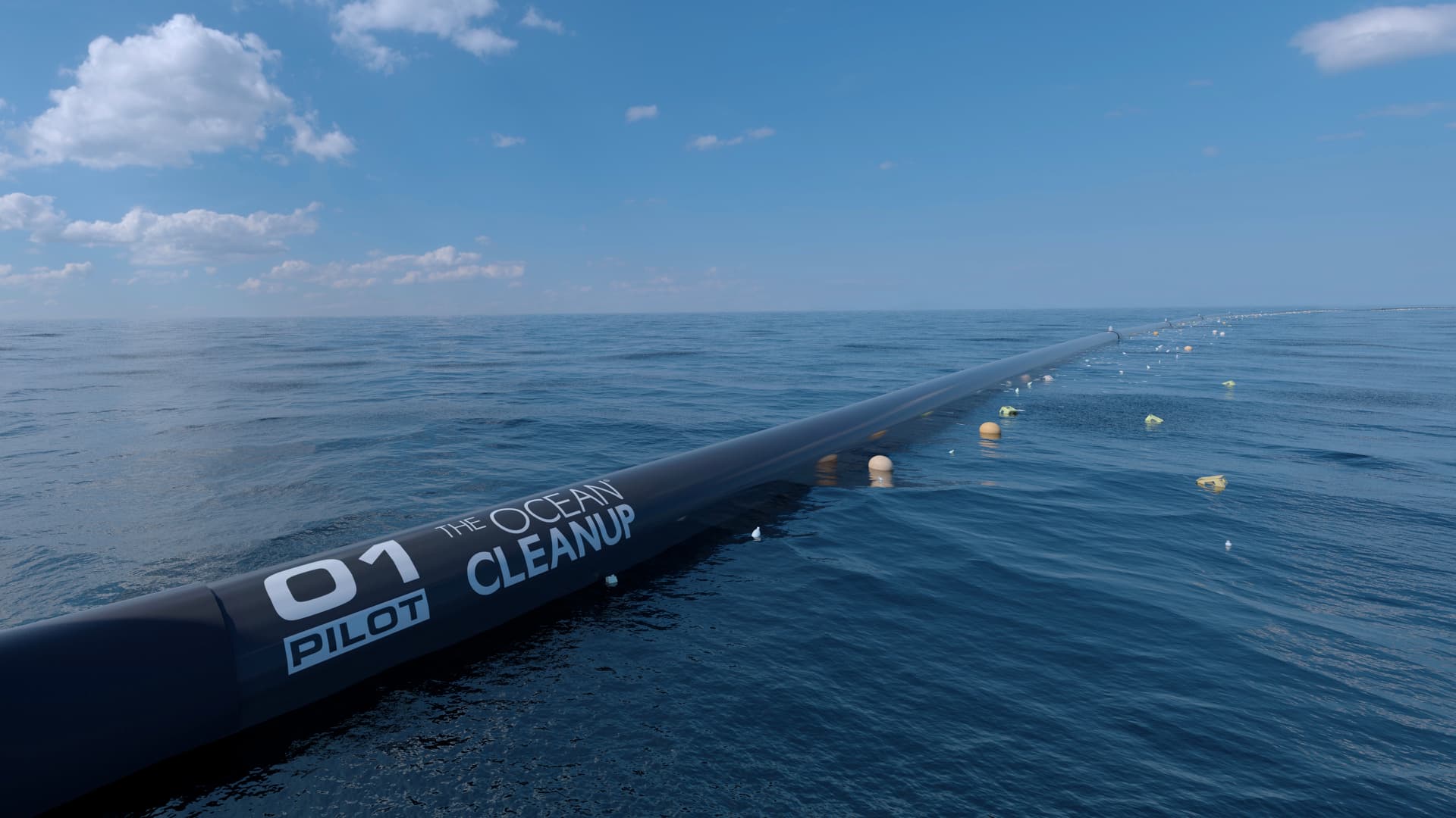 「清理海洋」以攔截索收集海洋垃圾的電腦模擬。(圖片來源:Ocean Cleanup網站)
