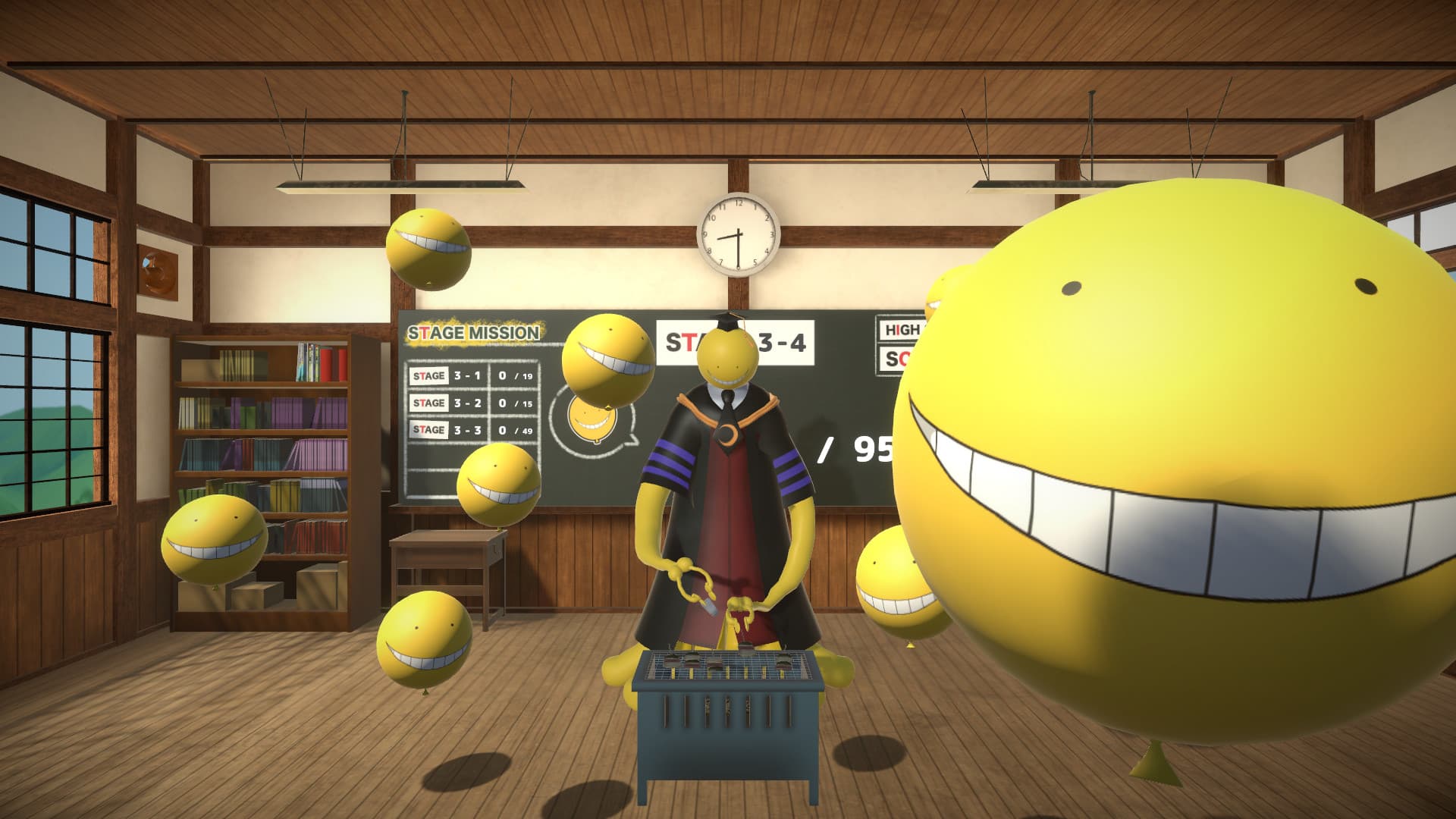 玩家要用手中的定位感應器為雙槍，擊破殺老師造型氣球。（圖／Steam）