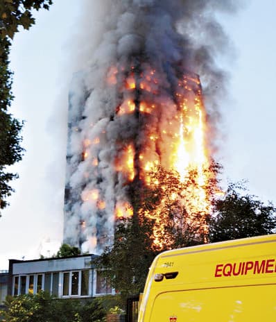 英國倫敦葛林菲爾塔(Grenfell Tower)大樓火災釀成80人死亡慘劇。(東方IC)