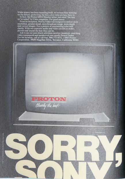 1984年,洪裕鈞四叔洪敏泰主導的普騰電子,推出全球第一台黑色電視,廣告口號為「Sorry,Sony!」,產品外銷美國、紅極一時。(洪裕鈞提供)
