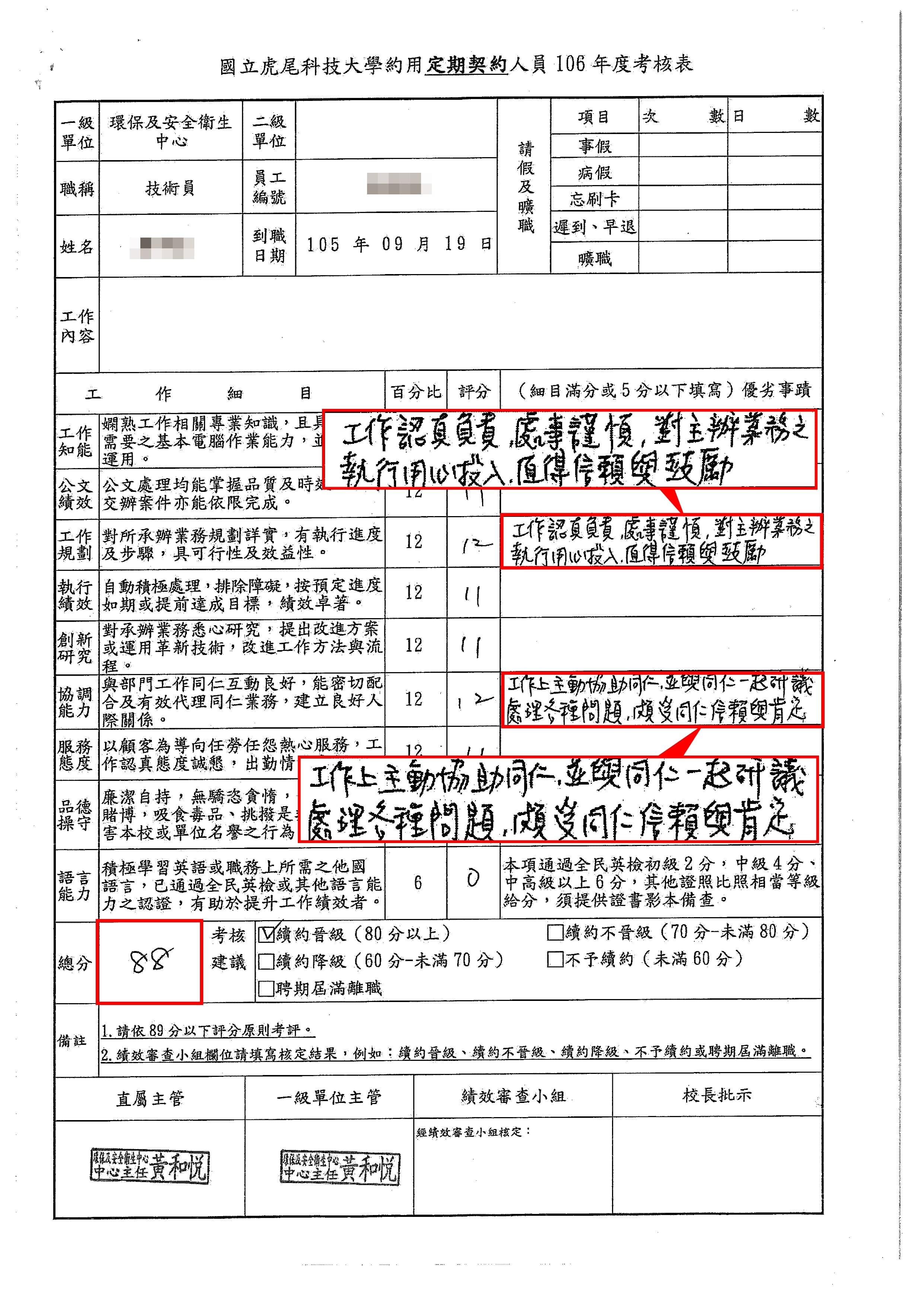 周姓護理師的的年度考評拿到88分，不僅勾選續約晉級，主管還寫下「工作認真負責」等稱讚文字。