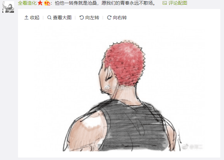 有人PO一張櫻木的背面圖，說「怕他一轉身就是滄桑，願我們的青春永遠不散場。」（圖：翻攝自「洋二」微博）