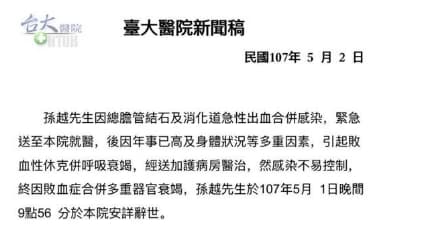 台大醫院發生聲明稿,證實孫越已於1日晚間安詳辭世。