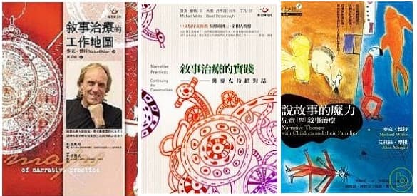 麥克.懷特著作(左起):《敘事治療的工作地圖》,黃孟嬌譯,張老師文化;《敘事治療的實踐:與麥克持續對話》,丁凡譯,張老師文化;《說故事的魔力:兒童與敘事治療》(與艾莉絲.摩根合著),李淑珺譯,心靈工坊。