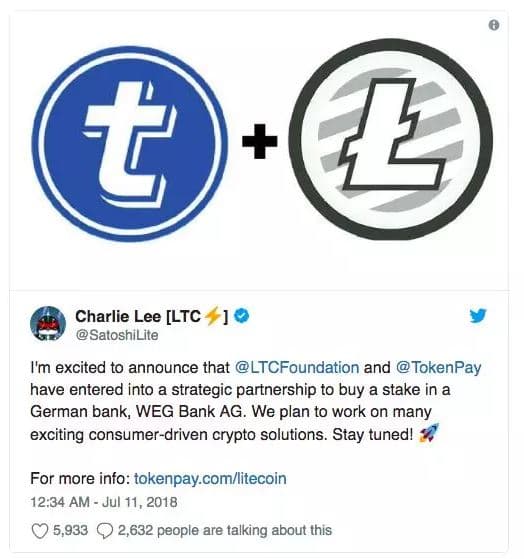 Charlie Lee在個人推特上宣布萊特幣基金會與TokenPay聯手合作。