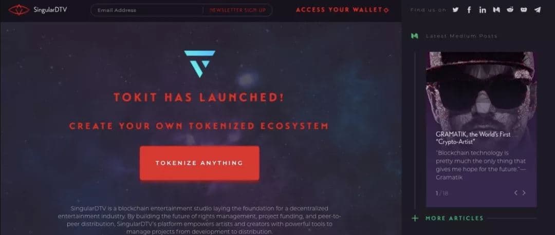 有「以太坊 Netflix」之稱的SingularDTV，讓藝術家可以為自己本人、或是自己的電影或音樂專案發行代幣。