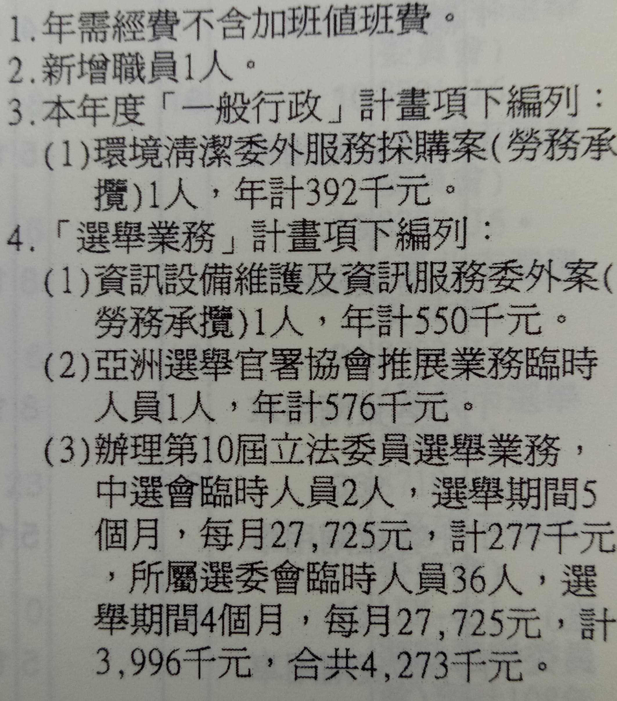 中選會與所屬各選委會明年將聘共38名臨時人員，月薪2萬7,725元。（翻攝自中選會預算書）