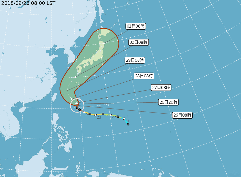 潭美減弱為中度颱風,推估其路徑將朝琉球、九州方向移動。(翻攝自中央氣象局)
