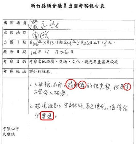 議員花公帑赴南歐考察13天,心得報告4行字不說,還錯字連篇。(翻攝自PTT)