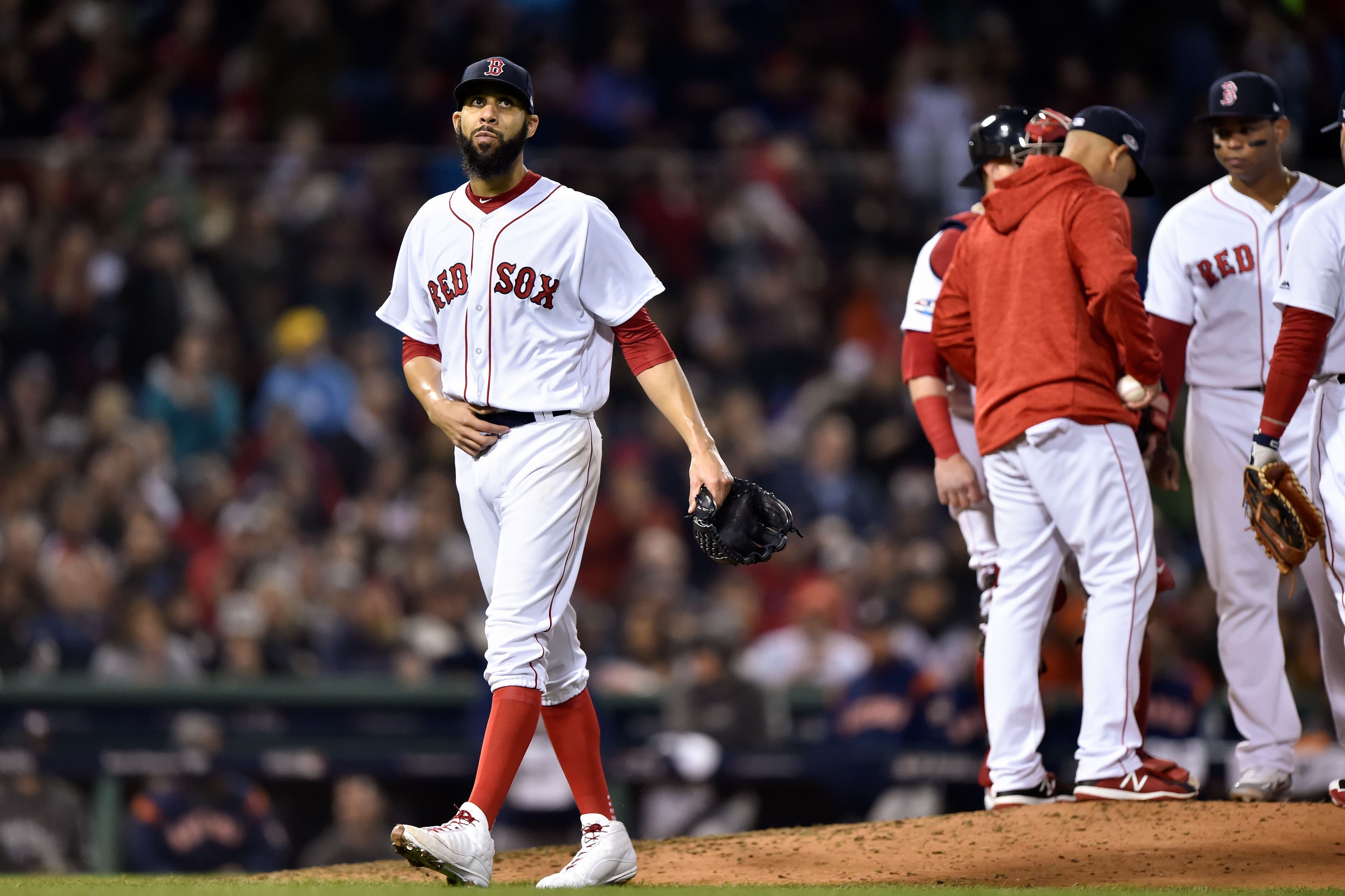 普萊斯(David Price)只投4.2局被迫退場,就差一人次可獲勝投資格,目前季後賽11場先發,取得0勝9敗。(東方IC)