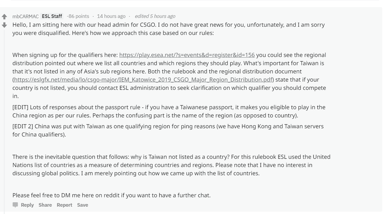 ESL在Reddit上的官方說明（圖片來源：翻攝自Reddit）