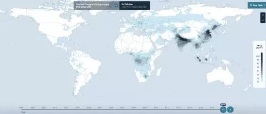 全球各個地區1998 年-2016 年空氣細顆粒物污染數據（WHO 的PM2.5 健康指南是10 微克/立方米，圖中黑色區域最高超過100 微克/立方米）