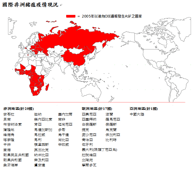 根據防檢局統計,2005年後向世界動物衛生組織通報感染非洲豬瘟的國家。(翻攝自防檢局網站)