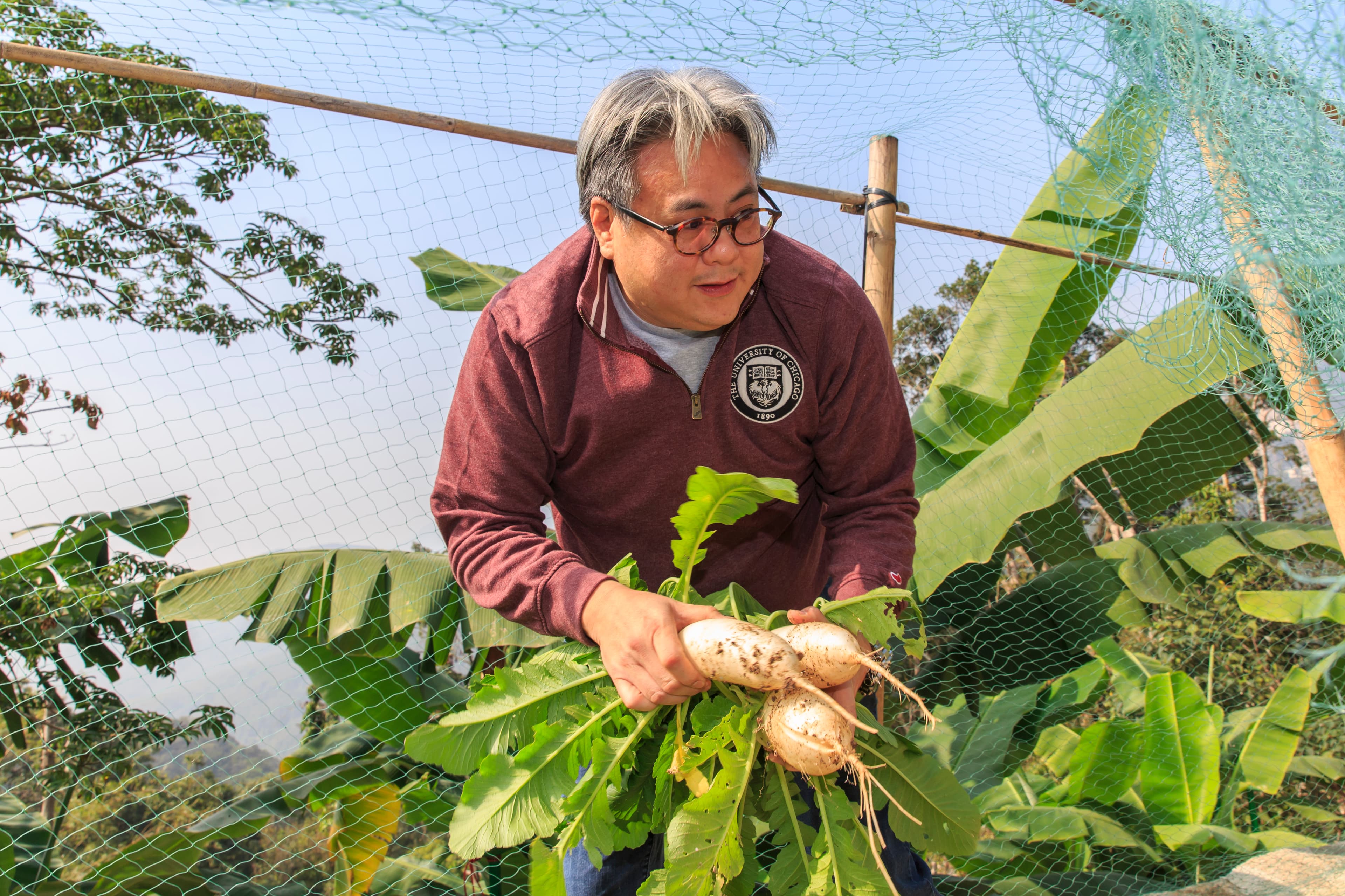 榮鴻慶的孫兒榮康信親自摘菜、拔蘿蔔,在家享受田園樂。