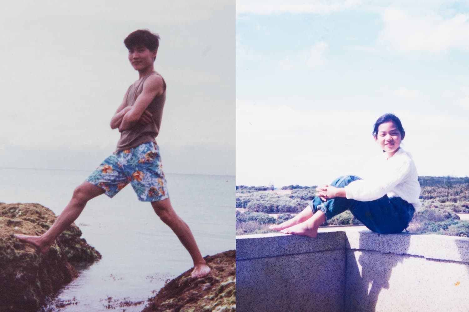 王棟材(左)年紀比蕭亞芝(右)大了15歲,二人曾先後在墾丁海邊留下紀念照。(蕭亞芝、王棟材提供)